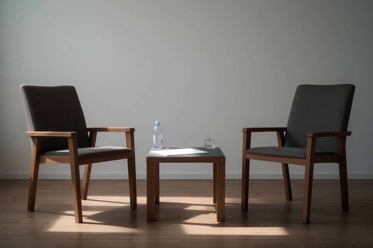 Ein Küchentisch am Nachmittag, auf dem ein aufgeschlagener Holzschale mit beschrifteten Registerblättern, ein Kugelschreiber und eine Lesebrille liegen, daneben eine Tasse Kaffee; seitliches Tageslicht vom Fenster, halbnahe Aufsicht auf die Tischfläche.