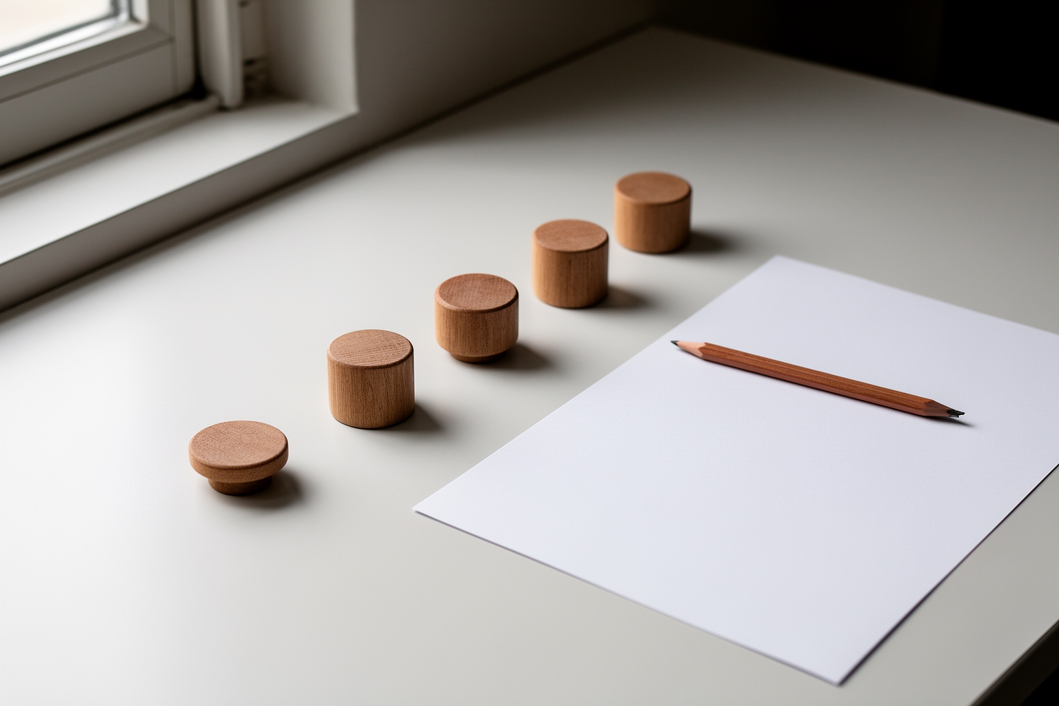 Sachliches Stillleben aus dem Bereich Kritik & Geschichte: runde Holzmarker, Stift und ein ruhiger Arbeitsgegenstand auf einem hellen Prüftisch; ohne lesbare Schrift
