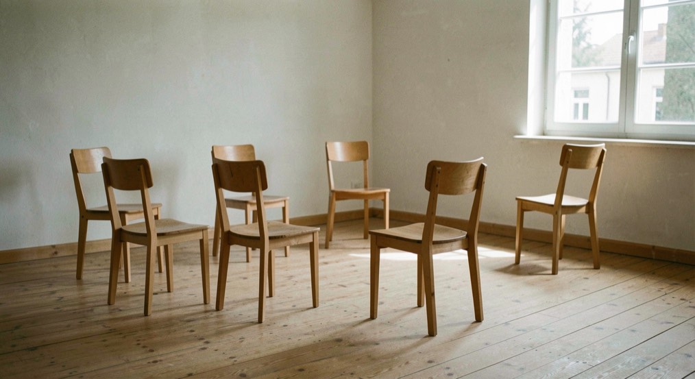 Leerer heller Raum mit Holzboden, in dem sechs schlichte Holzstühle frei verteilt stehen, zwei einander zugewandt, einer abseits zum Fenster gedreht; weiches Nachmittagslicht, keine Personen, ohne Schrift
