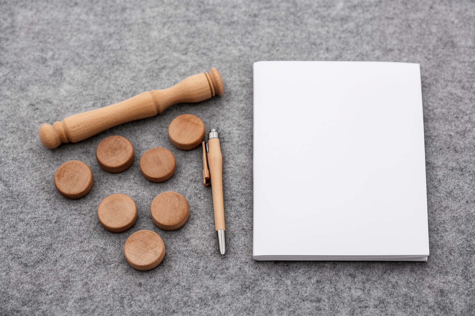 Sachliches Stillleben aus dem Bereich Methode: runde Holzmarker, Stift und ein ruhiger Arbeitsgegenstand auf einem hellen Prüftisch; ohne lesbare Schrift